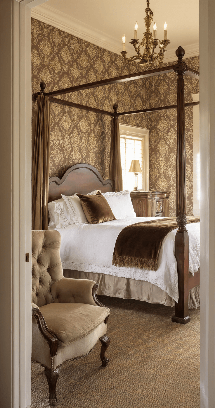 A 16x14ft traditional bedroom at sunset, featuring heritage brown damask wallpaper, a four-poster mahogany bed with ivory linens and chocolate velvet throws, and an antique brass chandelier illuminating a tufted armchair, viewed through a doorway frame.