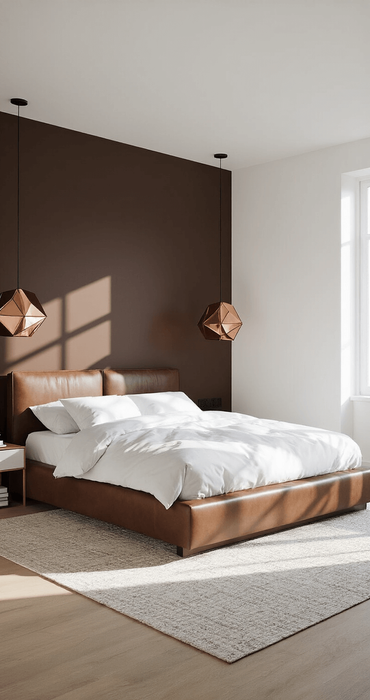 Contemporary bedroom with matte chocolate accent wall and glossy white trim, featuring a platform bed with brown leather details and crisp white bedding, illuminated by morning light and geometric copper pendant lights, with floor-to-ceiling mirrors enhancing the brightness, captured from a low angle.