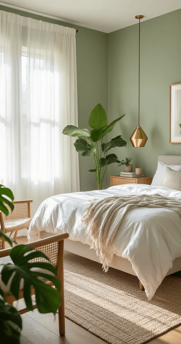 A serene bedroom with sage green walls, a low-profile bed in white linen, layered throws, natural wood nightstands with brass lamps, a large monstera plant, and a rattan accent chair, all illuminated by morning light streaming through gauzy white curtains.