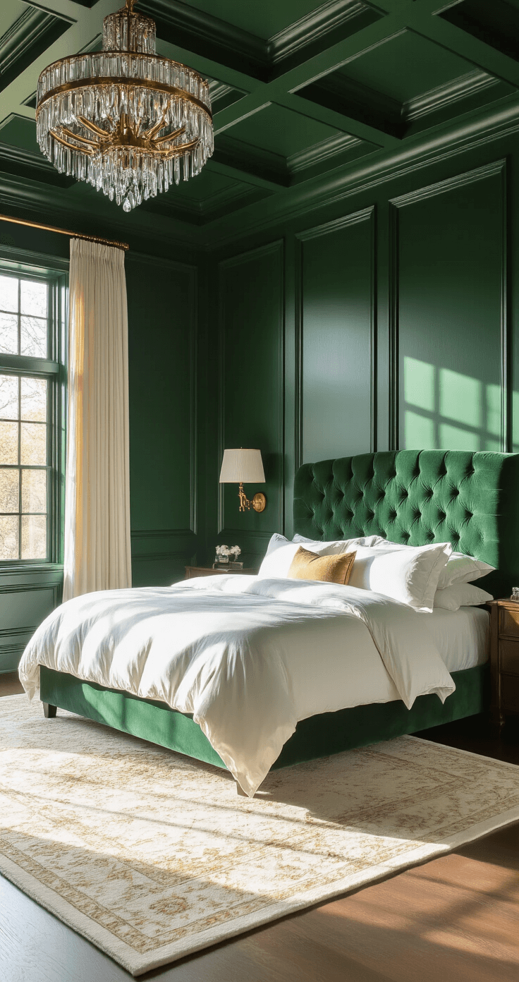 An elegant master bedroom featuring dramatic forest green paneled walls, a coffered ceiling, and a king bed with a tufted emerald velvet headboard, dressed in white bedding. Golden hour sunlight illuminates the space, casting shadows on a plush ivory area rug, while a crystal chandelier adds shimmering light patterns.