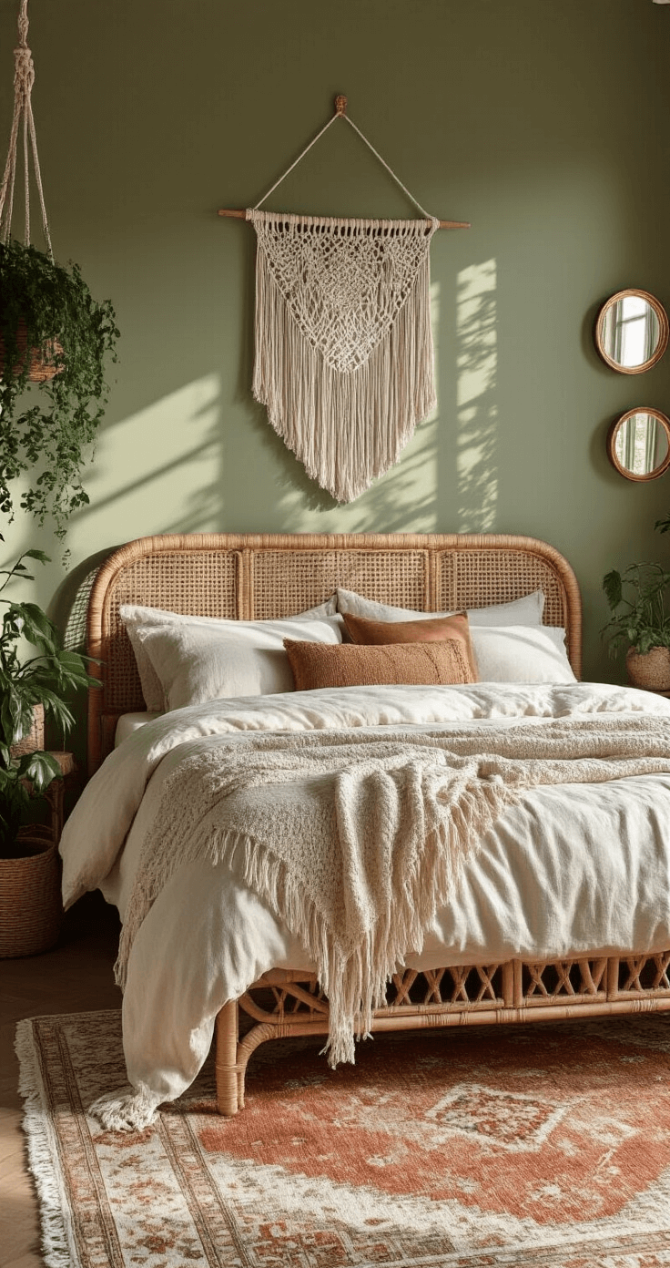 Cozy boho-inspired bedroom with a muted olive accent wall, rattan bed frame, macramé hangings casting shadows, layered vintage rugs, potted plants, and brass mirrors, captured in afternoon light for an intimate atmosphere.