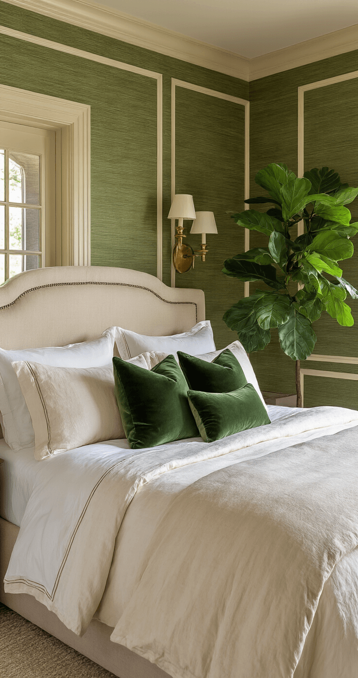 Luxurious bedroom featuring hunter green grasscloth wallpaper, cream trim, an ivory king-sized bed with green velvet pillows, antique brass sconces, and a fiddle leaf fig near French doors, captured in warm golden hour light.