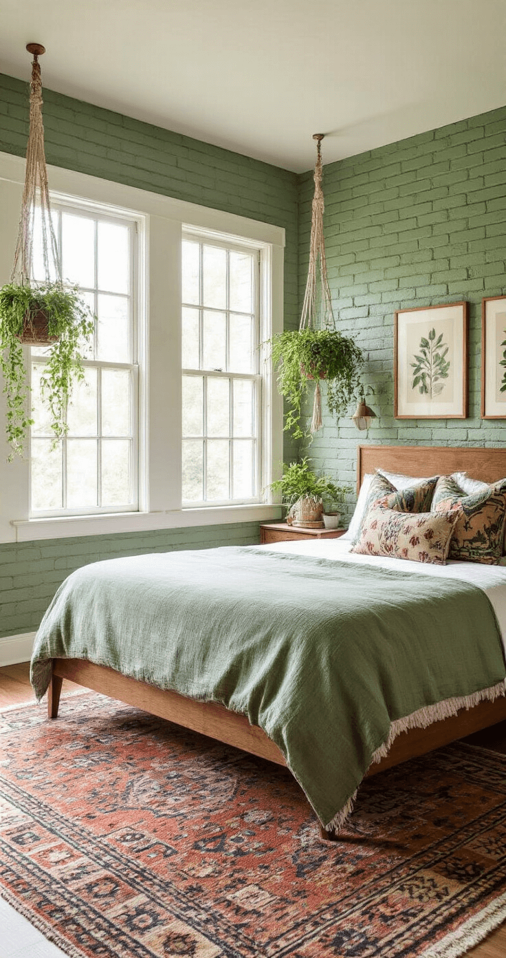 Eclectic guest room with sage green brick wall, mid-century modern bed adorned with vintage mudcloth pillows, botanical prints, cascading hanging plants in macramé holders, and a patterned Moroccan rug, captured in soft, diffused daylight.