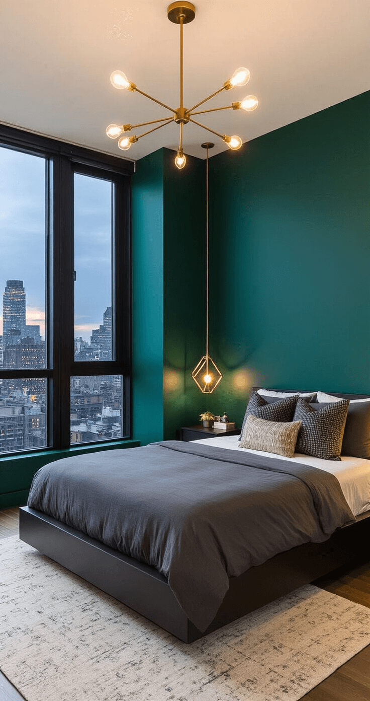Contemporary primary bedroom with emerald color-blocked walls, sharp angles, charcoal linens on a platform bed, geometric brass lighting, floor-to-ceiling city view windows, and black and brass accents, captured in dramatic evening lighting.