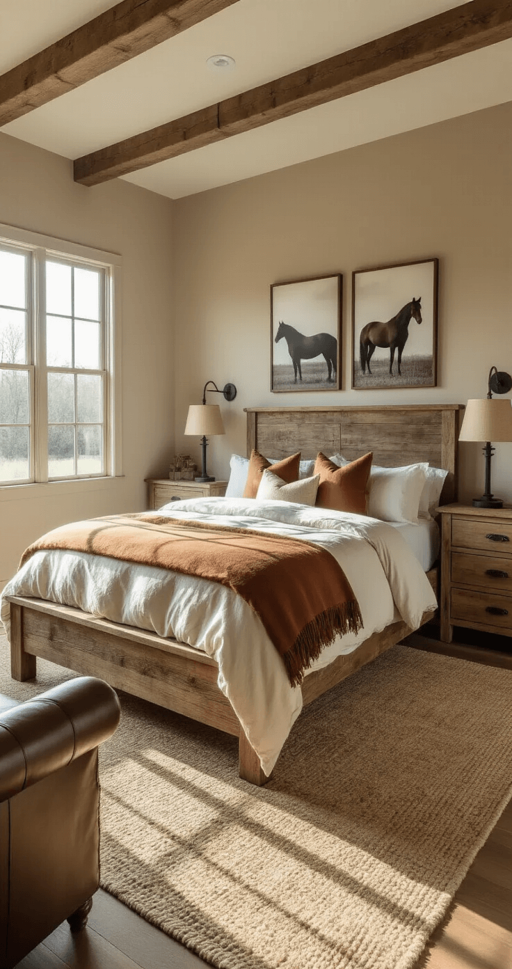 A spacious master bedroom features a commanding reclaimed barnwood bed dressed in cream, chocolate, and rust layers, flanked by weathered oak nightstands with wrought iron lamps, under large window panes streaming golden hour sunlight. A distressed leather armchair sits in the corner, with vintage bronze reading sconce, against warm taupe walls adorned with black and white horse photography, while natural light enhances textures and casts shadows across a layered cowhide and jute rug.