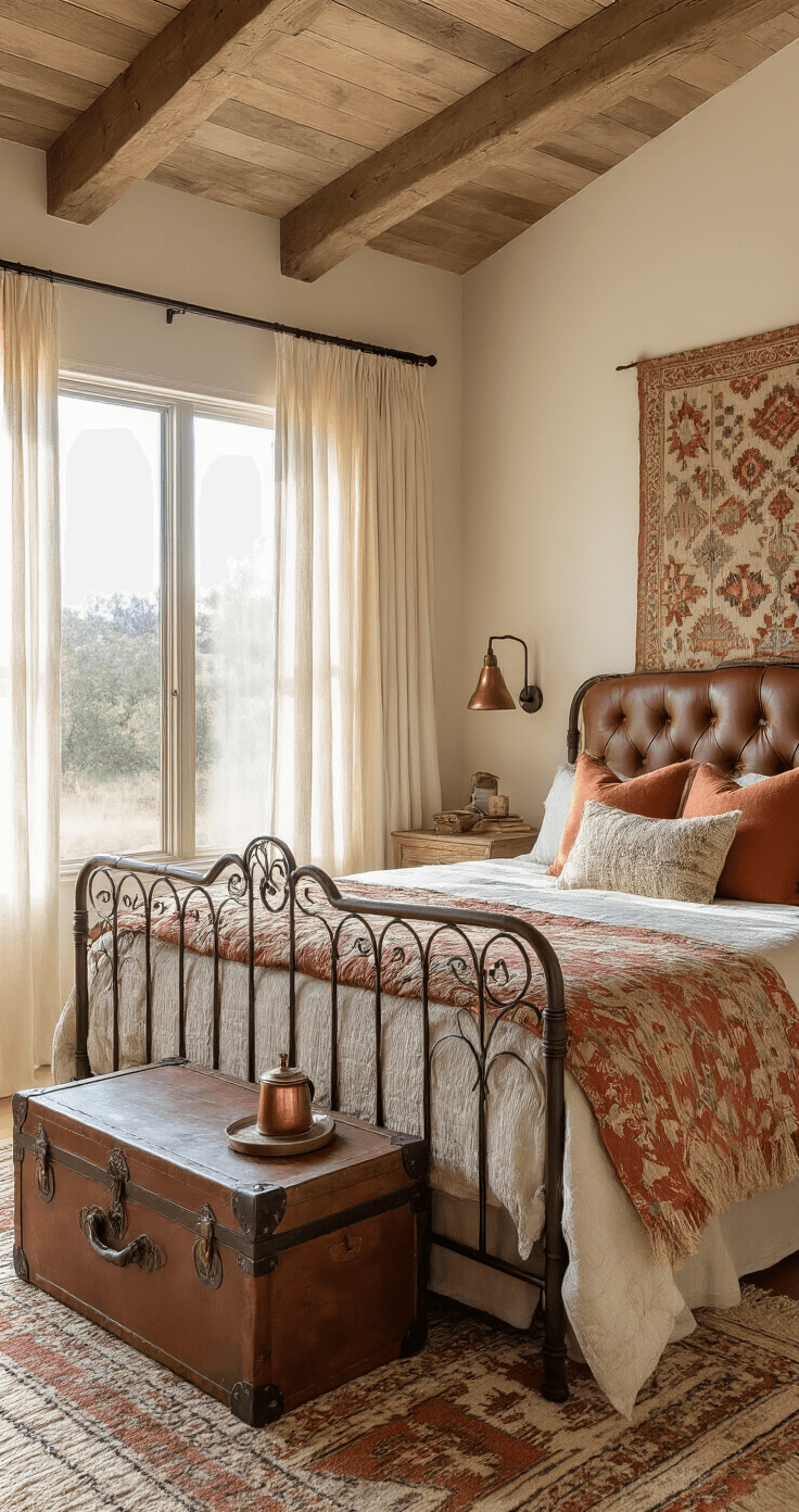 Intimate 12x12ft guest bedroom at sunrise, featuring a queen-sized iron bed with a tufted leather headboard, Southwestern-pattern bedding, a vintage trunk bedside table with an antique lamp, and textured throws, all enhanced by light streaming through cream curtains and exposed wooden ceiling beams.