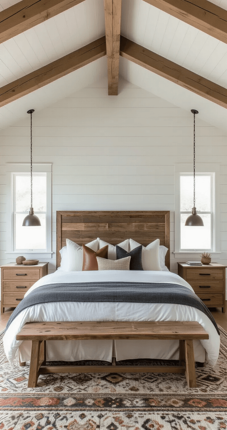 A spacious primary bedroom with a vaulted ceiling and exposed douglas fir beams, featuring a California king bed with a reclaimed wood headboard against a white-washed shiplap wall, layered with white linens, charcoal wool blankets, and leather-trimmed pillows in earth tones. Twin industrial pendant lights hang over rustic oak nightstands, all illuminated by morning light, showcasing geometric patterns from Native American textiles.