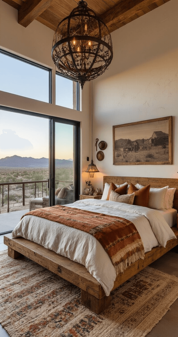 A cozy corner bedroom at dusk featuring a platform bed with ivory linens and vintage Navajo blankets, floor-to-ceiling windows showcasing a desert view, and a wrought iron chandelier casting shadows on white-washed walls decorated with antique ranch tools and sepia photographs.