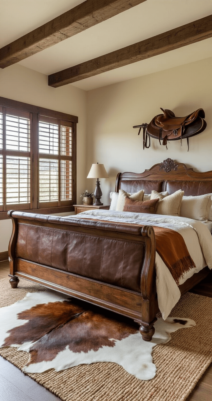A western-themed bedroom featuring a dramatic king-sized sleigh bed with a leather headboard, layered textiles, and a cowhide rug over sisal. Sunlight streams through wooden shutters, highlighting a vintage saddle on a custom wall mount and exposed wooden beams overhead.