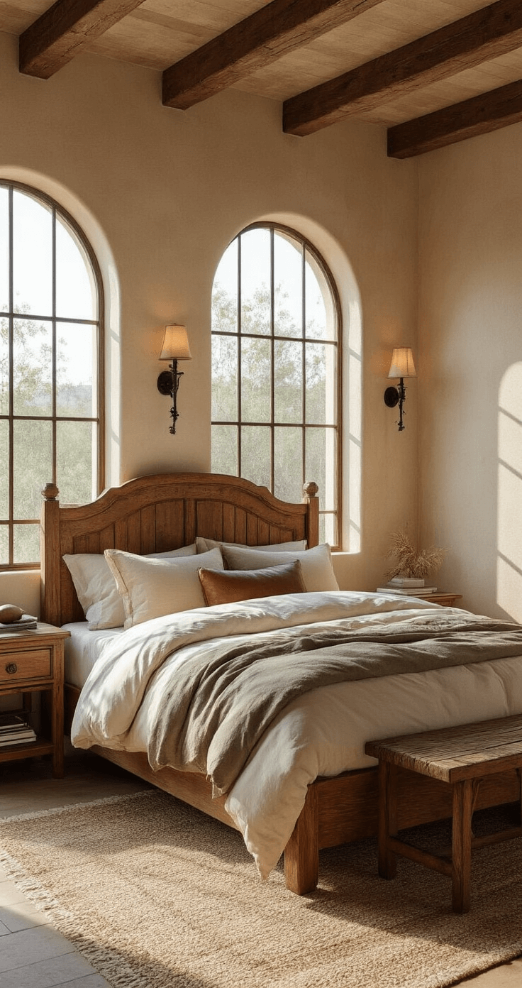 Cozy bedroom with arched windows, featuring a queen bed with a hand-carved mesquite frame and layered organic cotton, wool, and leather bedding in cream, sage, and tobacco, illuminated by wrought iron sconces on textured sand-colored walls.