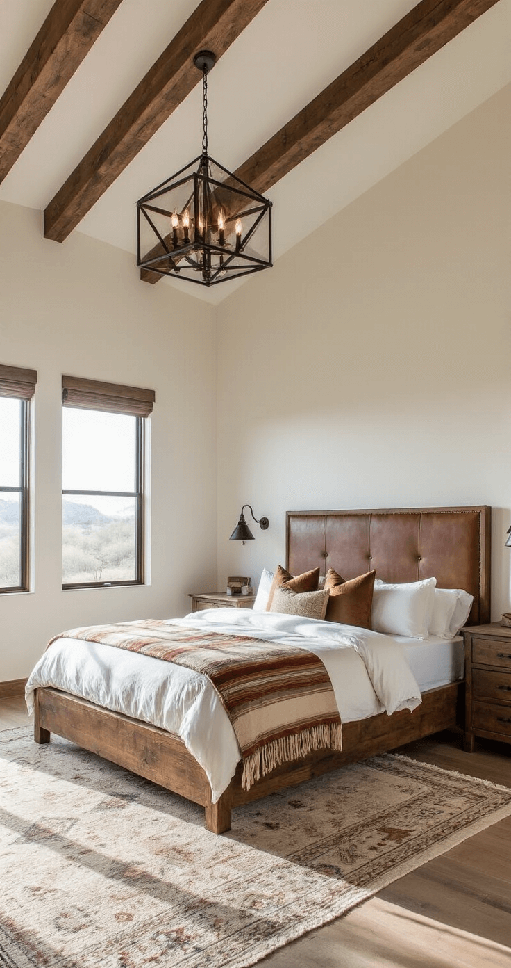 Dramatic sunset lighting illuminates a luxurious corner suite featuring a king-sized platform bed with a reclaimed timber frame and leather-wrapped headboard, surrounded by elegant ivory linens and vintage earth-toned Pendleton blankets, under a cathedral ceiling with geometric shadows cast by a custom iron light fixture against white adobe-style walls.