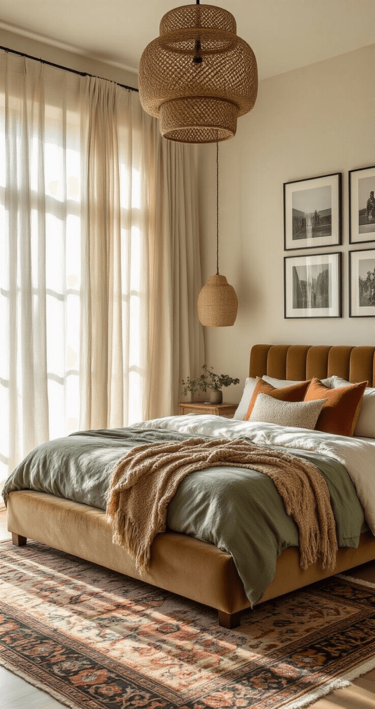 A softly lit bedroom with a velvet platform bed adorned in linen and knit throws, a vintage Persian rug, and a rattan pendant, highlighted by golden hour sunlight filtering through sheer curtains.