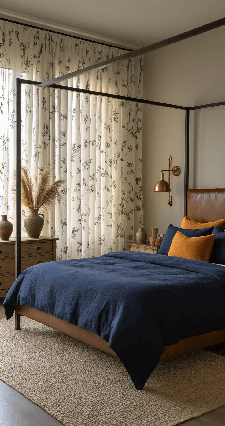 A serene bedroom at dawn featuring a modern four-poster bed with navy linens and ochre pillows, illuminated by soft light through botanical-print curtains, with weathered brass sconces, a leather headboard, and vintage ceramic vessels on a reclaimed wood dresser.