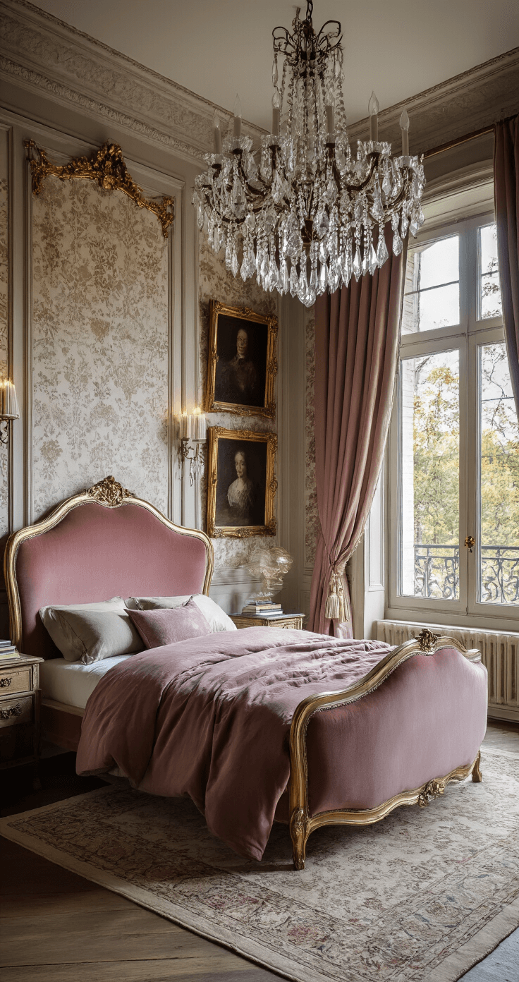 Moody evening scene of a vintage-inspired bedroom featuring a curved dusty rose velvet bed frame, warm light from a crystal chandelier, ornate gilded mirrors, antique oil paintings, damask wallpaper, and heavy silk drapes framing leaded glass windows, captured from a three-quarter view.