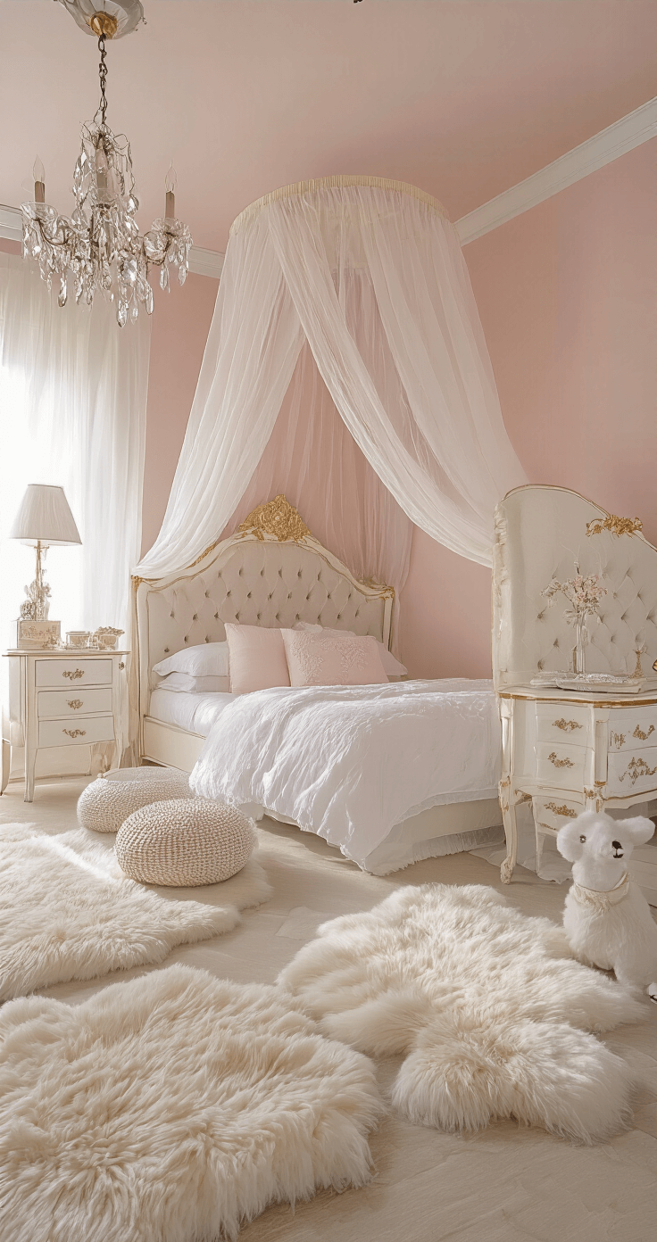 A dreamy feminine bedroom with blush pink walls, white French furniture featuring gold accents, and a tulle canopy over a tufted linen headboard, illuminated by rainbow light reflecting off crystal prisms, all set on soft sheepskin rugs.