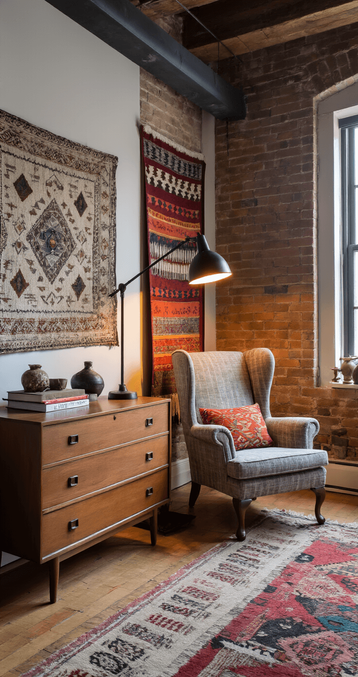 A cozy, eclectic bedroom featuring a mid-century modern dresser and a reupholstered wingback chair, illuminated by an oversized industrial floor lamp, with an exposed brick wall and a mix of global textiles, captured at twilight.