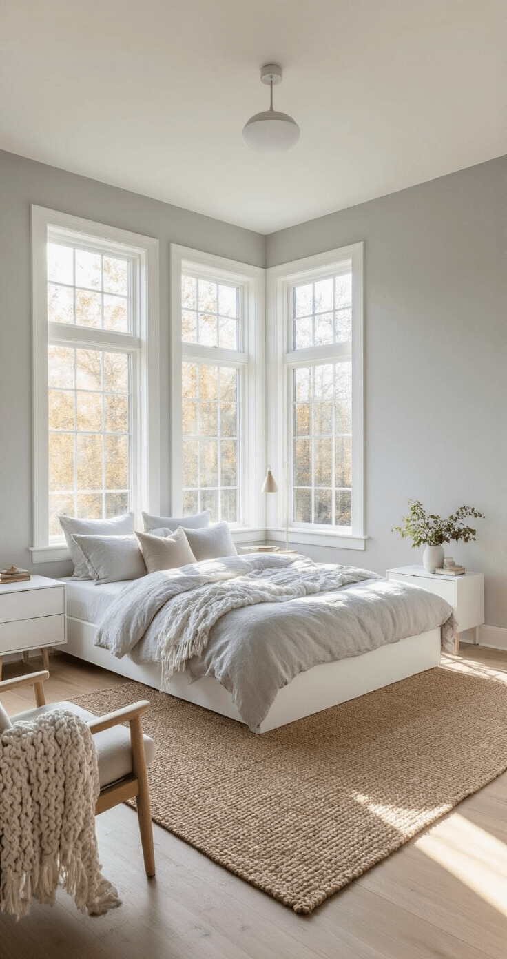 A serene Scandinavian bedroom featuring dove grey walls, a white oak platform bed with layered light grey linen bedding, minimalist nightstands, a natural jute rug, and a Swedish-style accent chair, all bathed in soft, golden hour light from large west-facing windows.