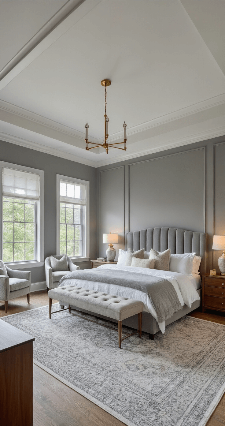 Spacious grey master suite featuring a king bed with a tufted velvet headboard, warm walnut nightstands, and ambient lighting from brass sconces. Architectural crown molding and a 10ft tray ceiling enhance the grandeur, with layered rugs and ghost arm chairs in a cozy window nook.