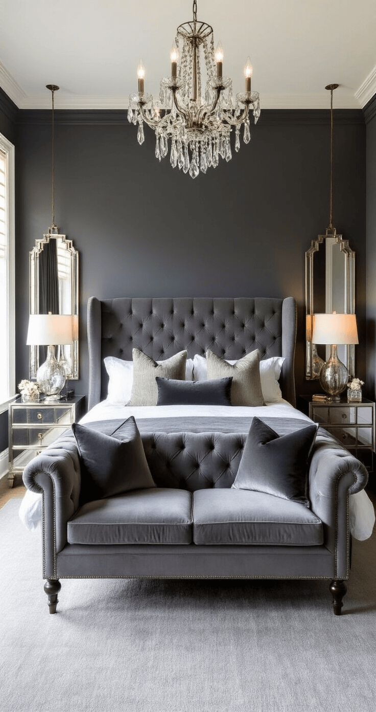 Intimate dark grey luxe bedroom featuring charcoal walls, a slate grey velvet wingback bed with textured silk pillows, polished nickel accents, and a soft wool carpet, all illuminated by a crystal chandelier and mercury glass lamps, framed by elegant floor-length velvet drapes.