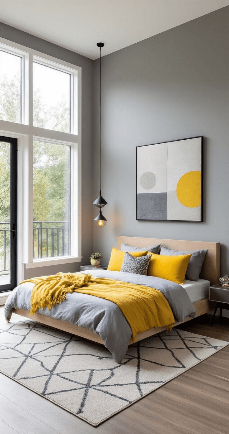 A contemporary grey and yellow bedroom featuring a platform bed with yellow accent pillows, floor-to-ceiling windows allowing natural light, geometric area rug, and abstract art on the walls, all enhanced by matte black lighting fixtures.