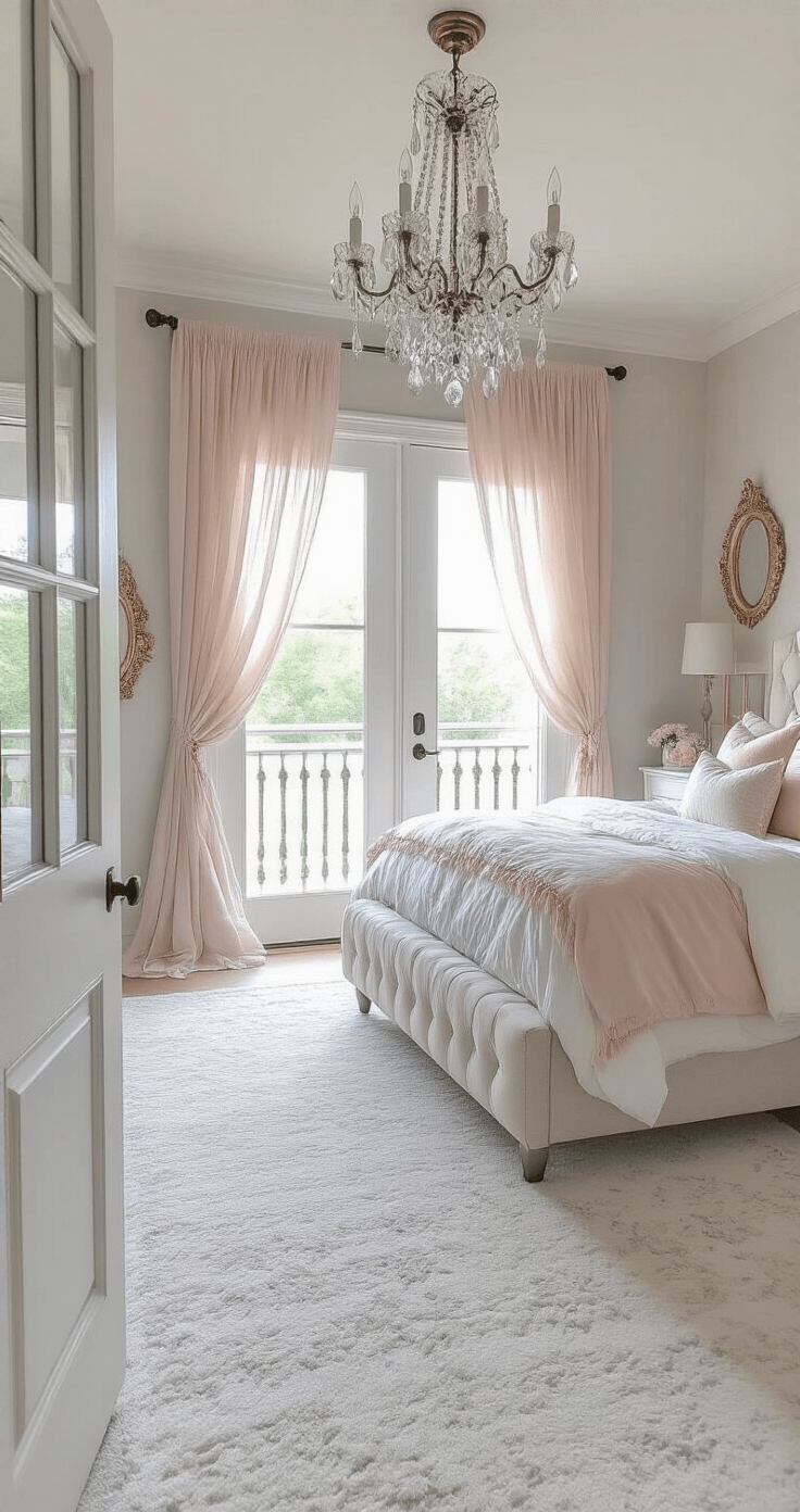 A cozy feminine retreat featuring a tufted linen headboard with blush and grey bedding, pale grey walls, and soft morning light filtering through blush sheers, accented by a crystal chandelier and vintage rose gold mirrors, all on a plush white carpet with a subtle grey pattern.