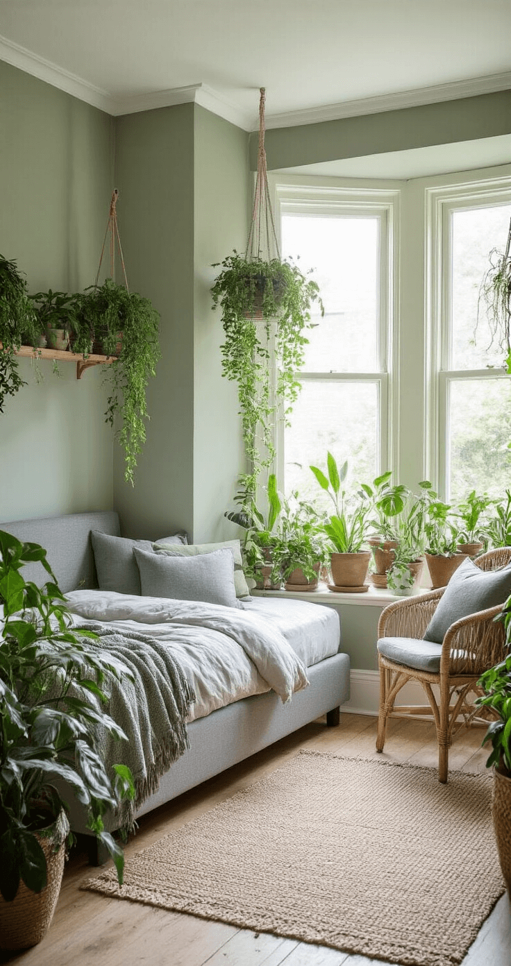 A serene 14x16ft room featuring sage-tinged grey walls, a modern grey-upholstered bed, a cozy bay window nook, and abundant greenery including potted plants and hanging vines, all illuminated by bright midday light. A natural fiber rug and a rattan accent chair with grey cushions complete the organic atmosphere.