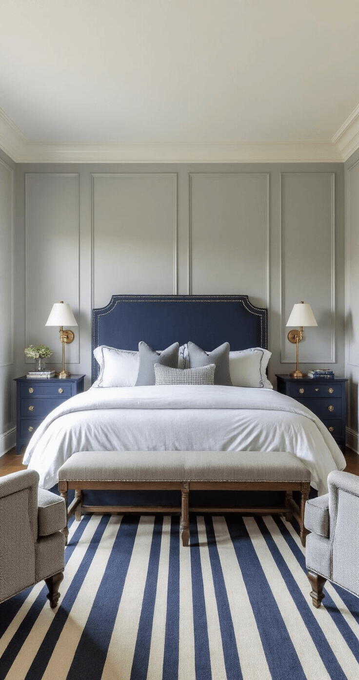 A sophisticated classic bedroom featuring panel molding, warm grey walls, a navy upholstered bed with brass nailhead trim, matching nightstands, and traditional grey herringbone wing chairs, illuminated by brass task lamps in late afternoon light.