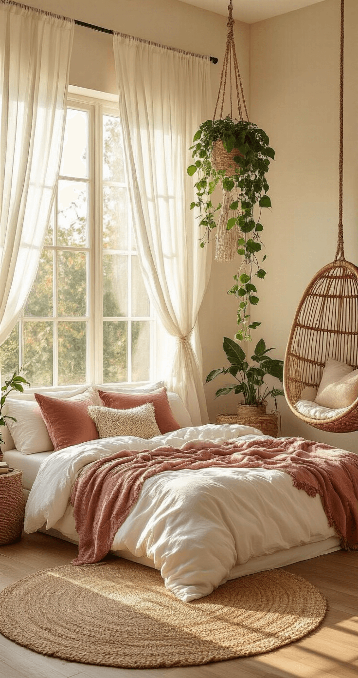 A sun-drenched boho-inspired teen bedroom featuring a low-profile platform bed with layered textiles, tall windows with sheer white curtains, cascading pothos plants, a rattan hanging chair, and a round jute rug, all bathed in warm afternoon light and accented by LED string lights.