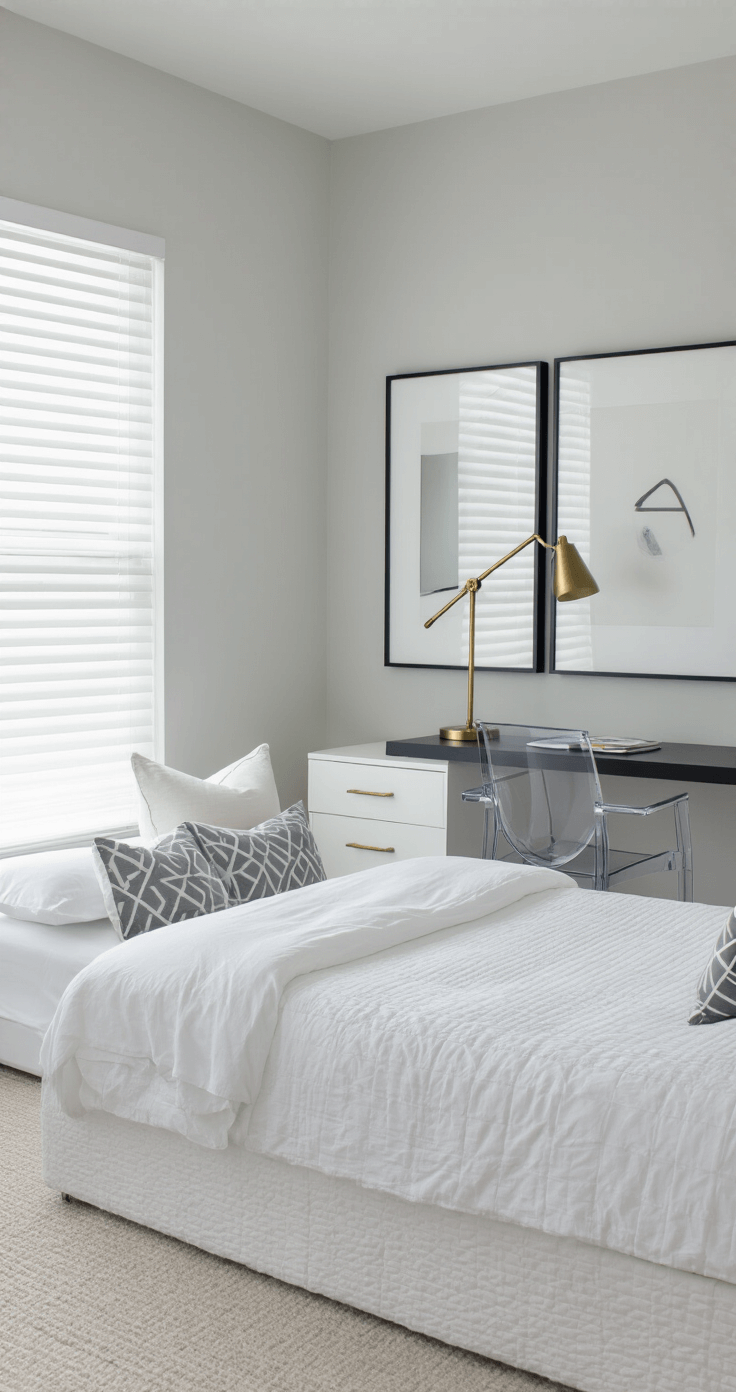 A contemporary 14x16ft bedroom featuring clean-lined white furniture, a light gray accent wall, a floating black desk with an acrylic chair and brass lamp, a queen bed with crisp white linens and gray throw pillows, and cool morning light filtering through white roller blinds, emphasizing symmetry and a monochromatic palette.