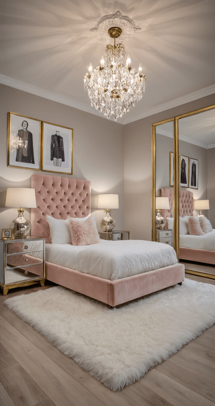 A stylish teen bedroom at dusk featuring a blush pink tufted velvet headboard, a crystal chandelier casting a warm glow, and mirrored nightstands with mercury glass lamps, all set against a backdrop of light wood floors and a white faux fur rug, complemented by gold-framed fashion prints and a full-length mirror reflecting the chandelier.