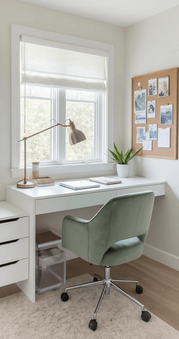 An intimate corner of a 6x8ft bedroom featuring a built-in white floating desk under a window, illuminated by adjustable LED task lighting. A pin board filled with inspiration images and an ergonomic sage green velvet chair complement floating shelves and acrylic organizers. The scene captures natural light mixed with task lighting, showcasing cool whites and pastels alongside wood accents.
