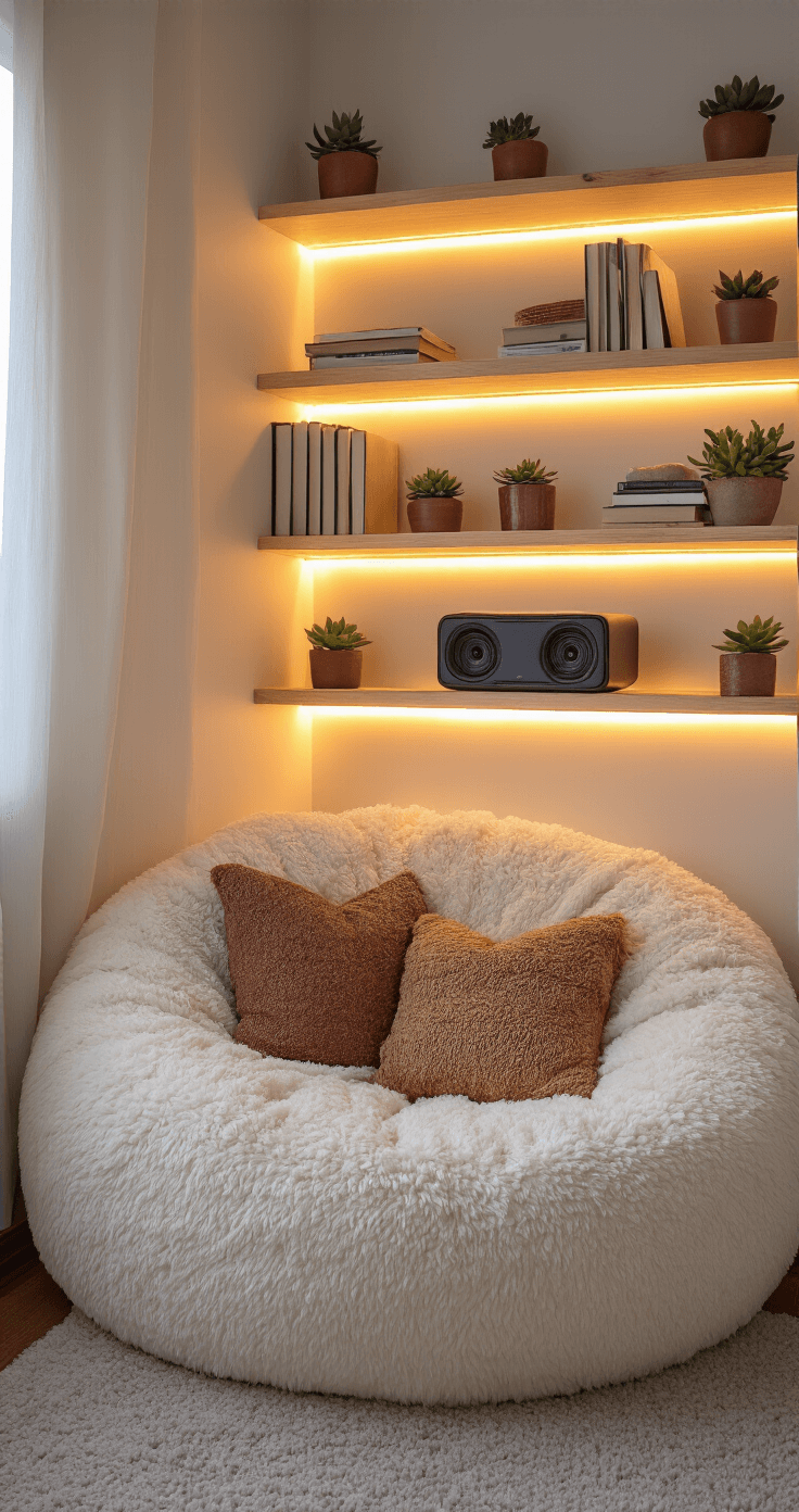 Cozy bedroom nook at sunset featuring an oversized ivory sherpa bean bag, wooden ladder shelf with books and succulents, warm LED strip lighting, and a Bluetooth speaker among textured throw pillows, all bathed in warm golden hour light and neutral tones with copper accents.