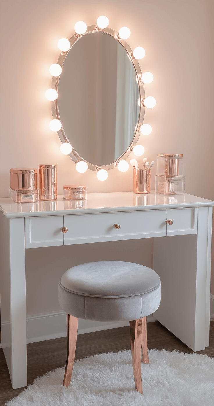A beautifully arranged getting-ready corner featuring an elegant white vanity with an oval mirror surrounded by dimmable LED bulbs, rose gold accessories in clear acrylic containers, and a soft gray velvet-upholstered stool, all illuminated by soft morning light and a soft pink and white palette with metallic accents.