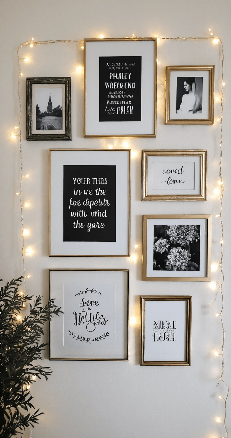 Close-up of a 10ft bedroom wall featuring a curated collection of black and white photos, inspirational typography prints, and personal artwork in metallic frames. Fairy lights intertwine with the frames, adding a subtle sparkle under natural light, complemented by twinkle lights, all presented in a monochromatic scheme with gold and silver accents.