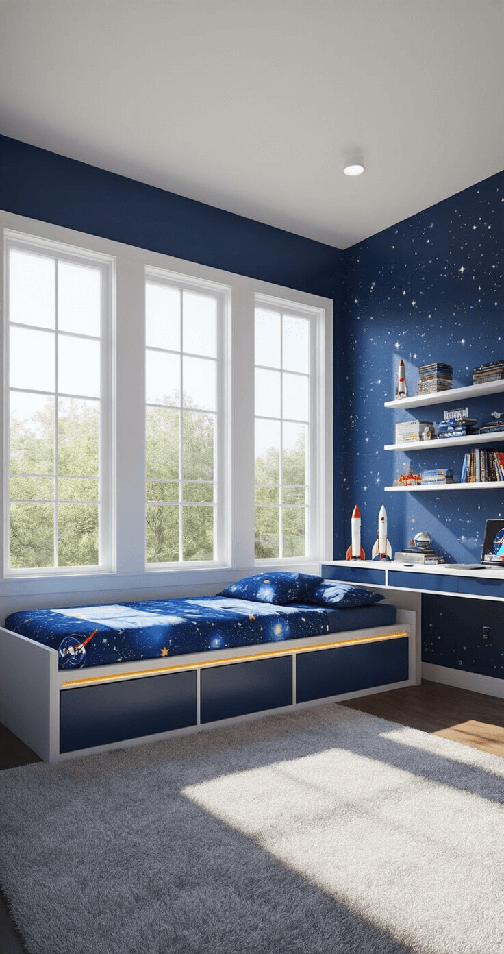 A boy's bedroom measuring 10'x12', illuminated by morning sunlight through large windows, featuring a navy blue accent wall with silver constellation decals, a twin platform bed with cosmic-print bedding, floating shelves with model rockets and astronomy books, a modern desk with LED lighting, and plush gray carpeting.