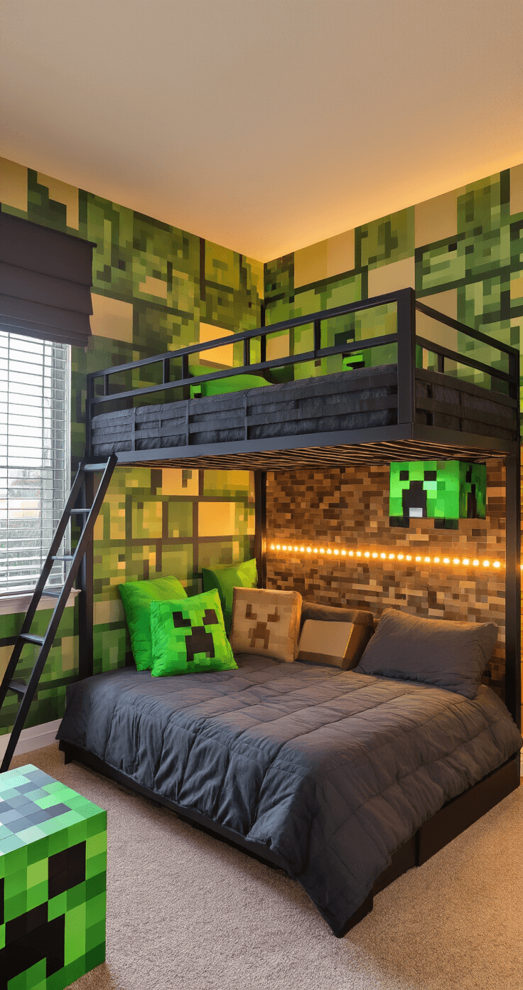 Low-angle shot of a Minecraft-inspired bedroom at golden hour, featuring pixelated murals, an industrial loft bed, a cozy gaming nook with a bean bag, and creeper-green accent pillows. Warm lighting enhances the room's blocky textures, with soft bokeh in the background.