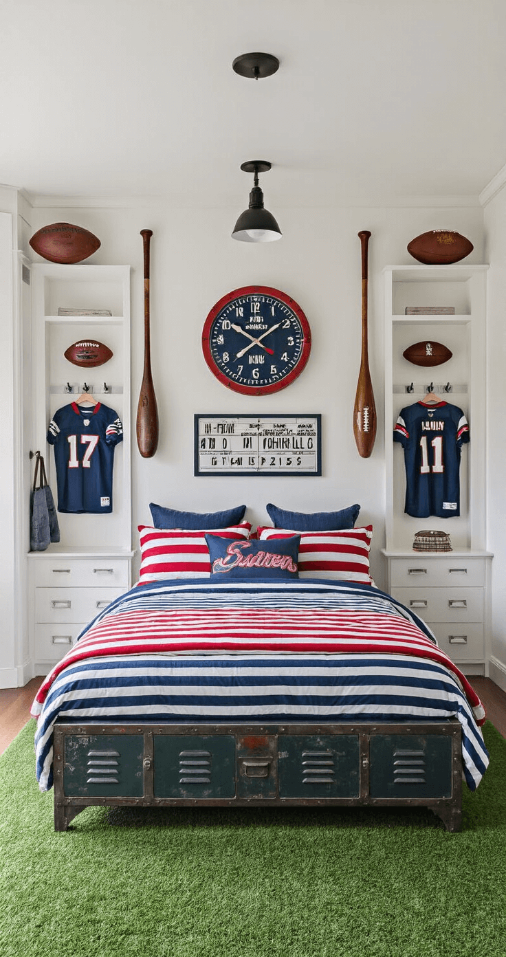 Symmetrical sports-themed bedroom featuring white walls with vintage sports equipment and jerseys, a queen bed with navy and red striped bedding, a scoreboard-style clock, locker-style storage, and an astroturf reading nook with stadium-style lighting, all illuminated by natural light and overhead spots.