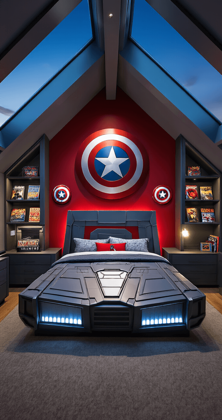 Dramatic dusk shot of a superhero-themed bedroom with a 10' cathedral ceiling, featuring a deep red accent wall and metallic silver trim. The custom bed resembles a Quinjet with LED lighting. Displays of shields and comic books adorn the walls, while a tech-inspired desk area is highlighted by a holographic-effect lamp. The moody lighting is enhanced by strategic uplighting, captured from an elevated angle to showcase the room's scope.