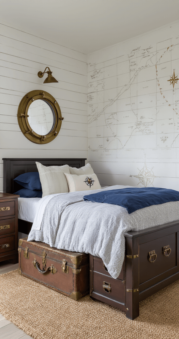 Nautical-themed bedroom featuring a weathered white shiplap wall, a dark wood captain's bed with brass hardware, navy bedding, a porthole-style mirror, vintage steamer trunk dresser, mapped wallpaper with gold compass accents, and a jute rug, all illuminated by soft afternoon light.