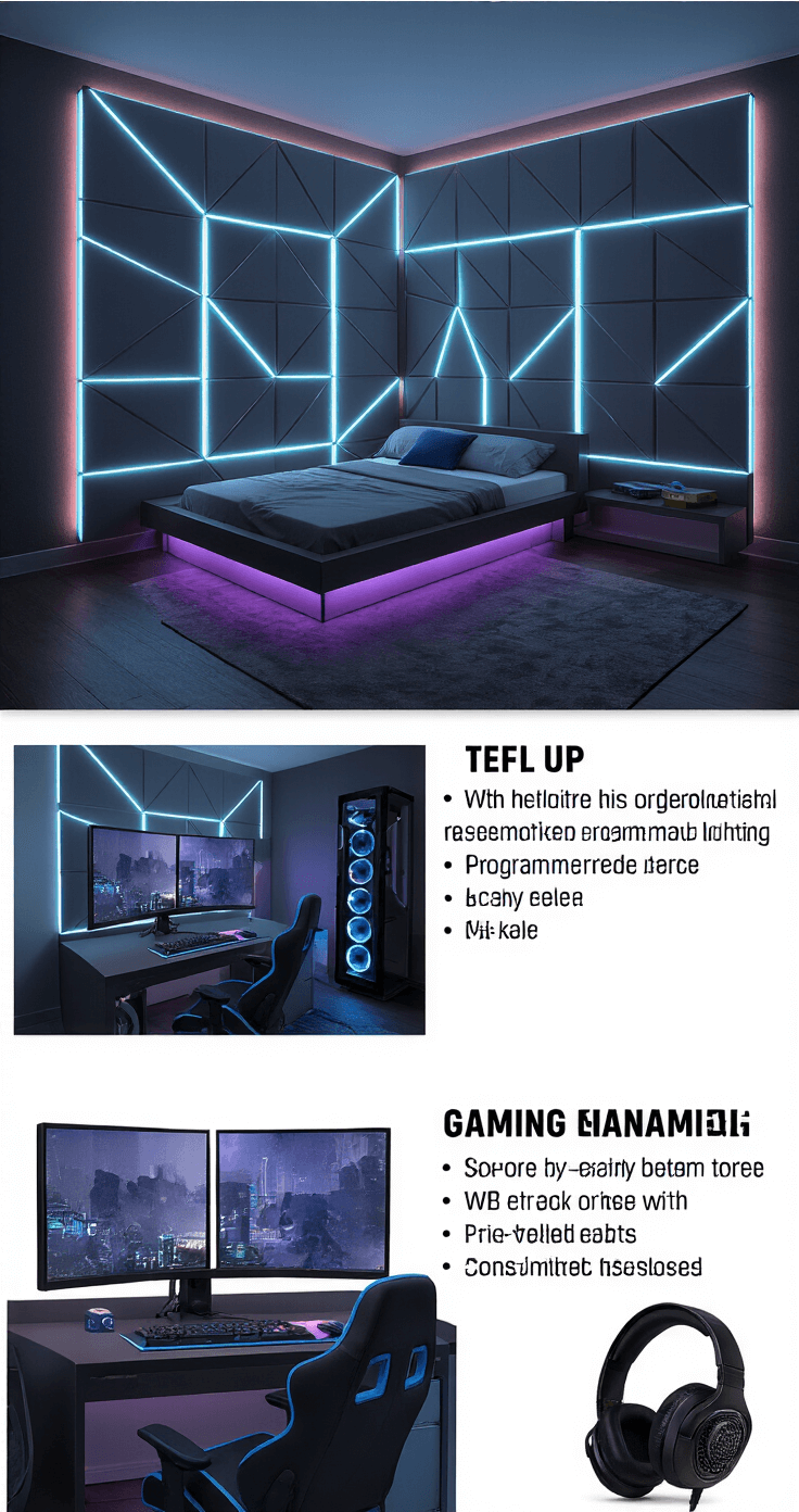 A modern gaming bedroom at twilight featuring a sleek platform bed with LED underglow, a dual monitor setup with RGB lighting, geometric grayscale wall panels with neon accents, organized cables, and a black gaming chair with electric blue accents, all illuminated in a moody atmosphere.