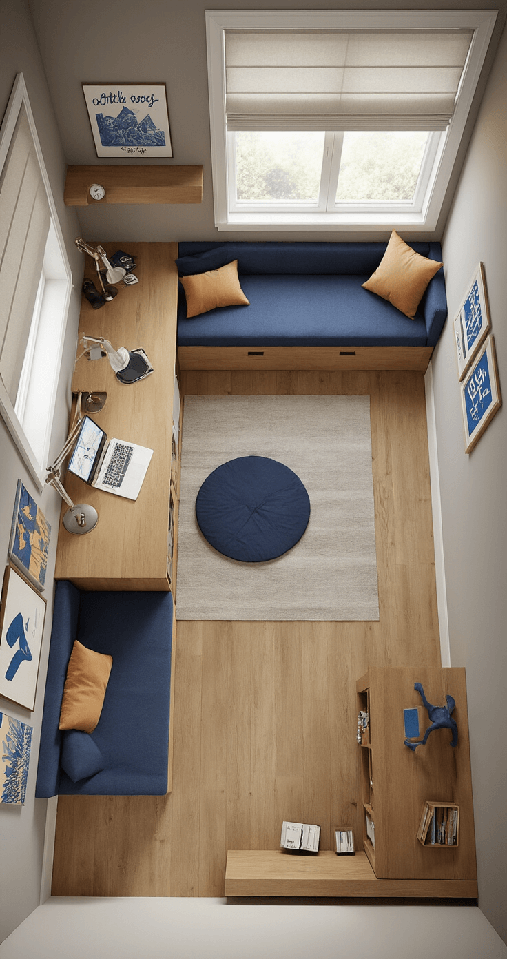 Overhead view of a multifunctional boy's bedroom with distinct areas for study, sleep, and play, featuring modular oak furniture with navy accents, a magnetic wall strip for artwork, a built-in window seat for storage, and layered lighting, all illuminated by natural morning light through roman shades.