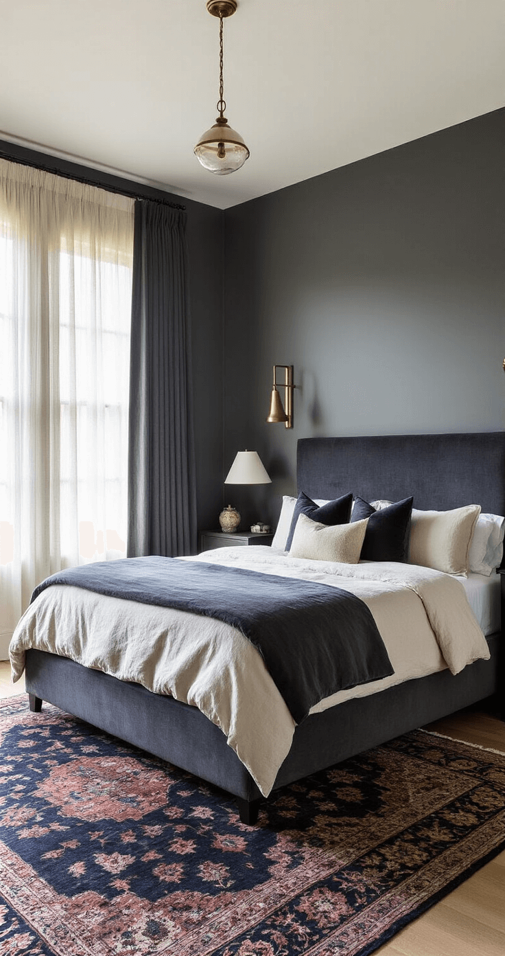 Dark Bedroom Ideas: Creating a Moody, Cozy Sanctuary of Comfort and Style A moody master bedroom featuring a king-size platform bed with storm-grey velvet and ivory linen bedding, framed by charcoal linen drapes. Dark walls in 'Wrought Iron', oxidized brass sconces, and vintage Persian rug add warmth. Asymmetrical dark walnut nightstands with smoky glass lamps complete the rich, textured atmosphere.
