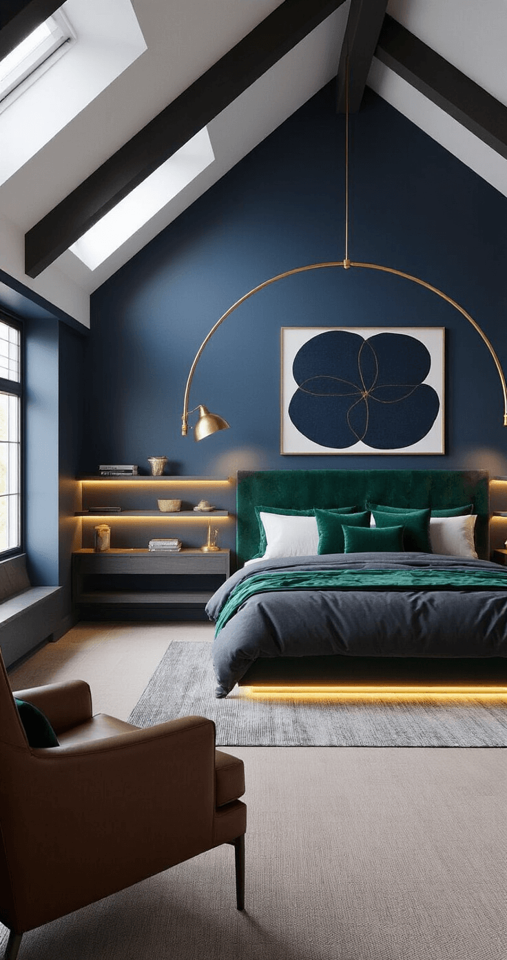 Dark Bedroom Ideas: Creating a Moody, Cozy Sanctuary of Comfort and Style A modern 12x14ft bedroom at twilight, featuring blue-black walls, a cathedral ceiling with exposed beams, a queen bed with charcoal linen and emerald velvet accents, oversized abstract art in navy and gold, and warm LED strip lighting. A brass floor lamp arches over a leather accent chair in a reading nook, with a low-angle shot emphasizing the ceiling height and intimate lighting zones.
