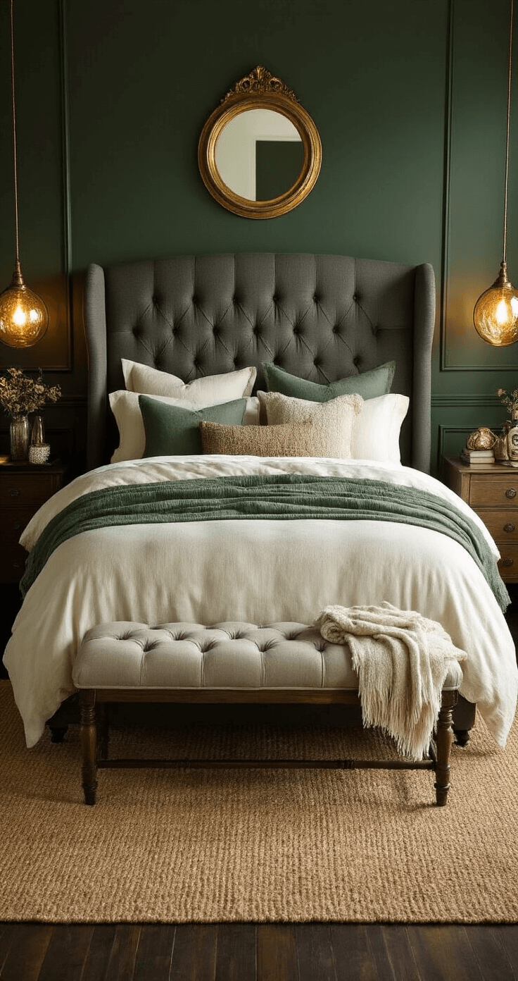 Dark Bedroom Ideas: Creating a Moody, Cozy Sanctuary of Comfort and Style Intimate 10x12ft bedroom at golden hour with deep forest green walls and a tufted wingback headboard. Luxurious layered bedding in ivory, sage, and bronze textures, surrounded by a vintage brass mirror and warm light from mercury glass table lamps. A jute rug over dark hardwood complements the cozy sitting area, creating rich shadows in the golden light.