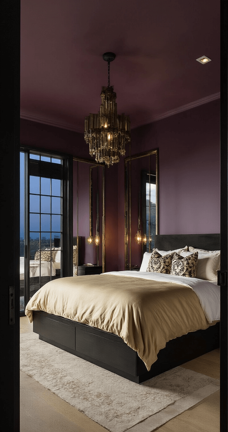 Dark Bedroom Ideas: Creating a Moody, Cozy Sanctuary of Comfort and Style Contemporary primary suite featuring deep aubergine walls, an ebonized oak platform bed with integrated nightstands, champagne-colored silk duvet with baroque-patterned pillows, floor-to-ceiling antiqued mirror panels, and a modernist blackened brass chandelier, captured from the doorway with warm dimmable recessed lighting.