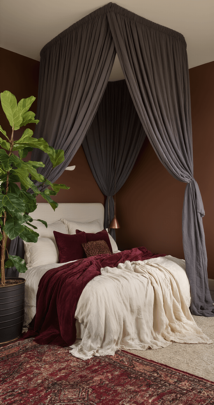 Dark Bedroom Ideas: Creating a Moody, Cozy Sanctuary of Comfort and Style Cozy 11x13ft bedroom at morning twilight, featuring chocolate brown walls, a canopy bed with sheer charcoal draping and cream linens, vintage overdyed rug in wine tones, mixed metal accents, and a fiddle leaf fig plant, captured in a wide-angle shot highlighting the room's height and moody atmosphere.