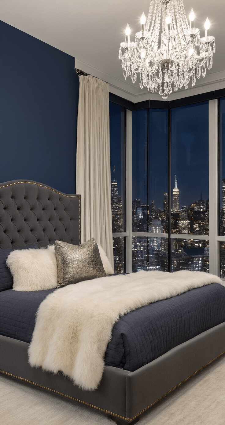 Dark Bedroom Ideas: Creating a Moody, Cozy Sanctuary of Comfort and Style A luxurious midnight bedroom featuring deep navy walls, a tufted charcoal wool platform bed with brass nailhead detail, ivory faux fur throws, and metallic pillows. A crystal chandelier sparkles above, while floor-to-ceiling velvet drapes frame a view of city lights. The image is captured from a low angle, highlighting the chandelier and the glowing cityscape outside.