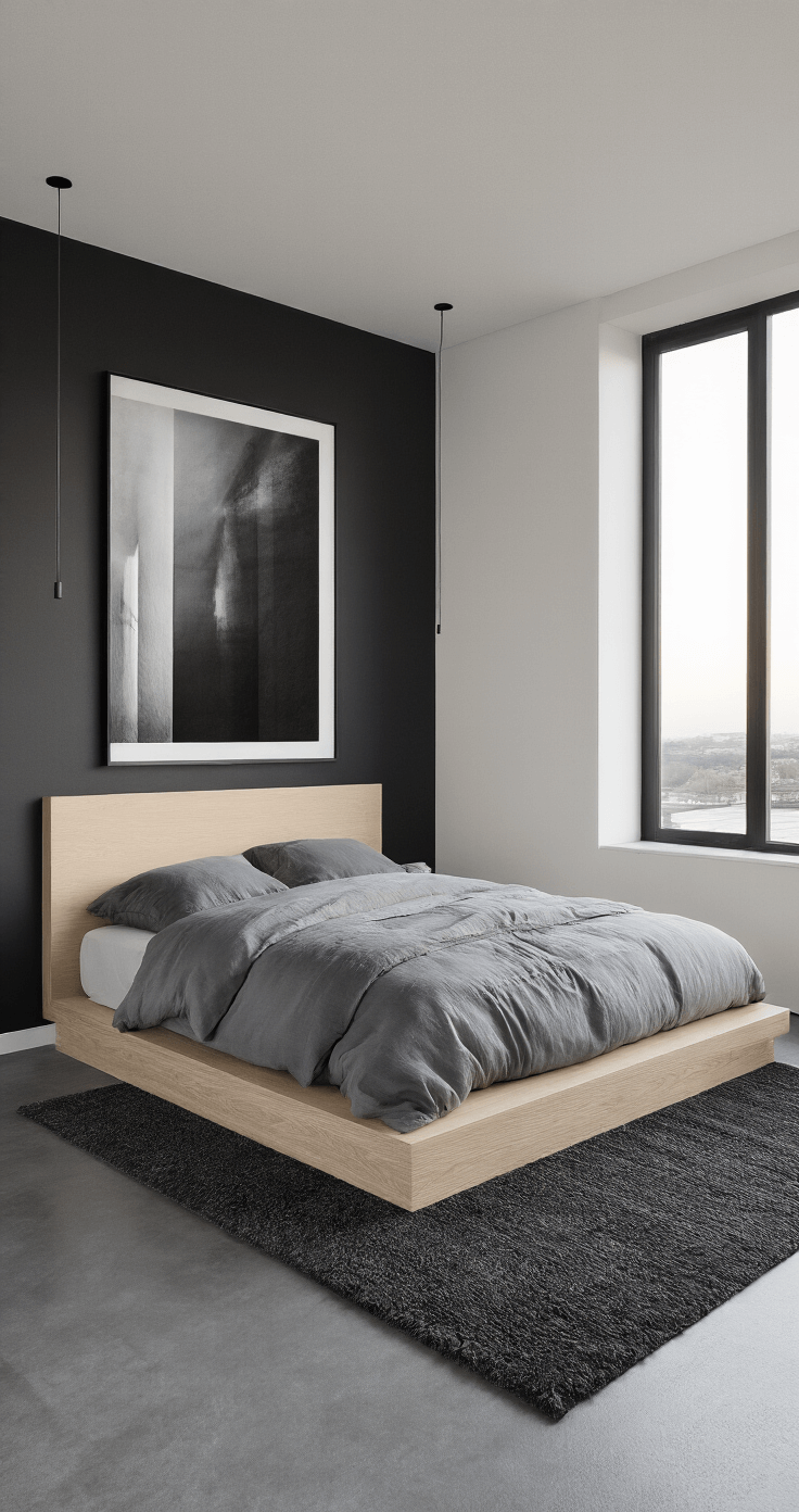 Dark Bedroom Ideas: Creating a Moody, Cozy Sanctuary of Comfort and Style Minimalist bedroom featuring soft black walls and a low-profile Japanese-inspired bed platform in bleached oak, adorned with monochromatic grey silk and linen bedding. Large black and white photography hangs above, complemented by polished concrete floors and a plush charcoal area rug. Early morning light casts soft gradients, highlighting the clean lines and negative space of the design.