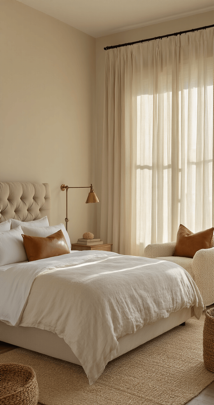 Intimate guest bedroom at golden hour with dramatic shadows from sheer linen curtains, featuring a queen bed with a tufted beige velvet headboard, cloud-white duvet, and caramel leather pillows. A vintage brass floor lamp illuminates a cozy reading nook with a cream bouclé chair, while handwoven baskets add texture. Shot from the doorway with a dreamy depth of field.