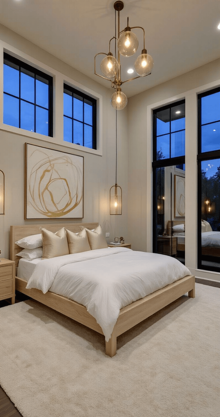 A modern primary suite at twilight featuring a platform bed in bleached oak with hotel-white linens, set against 10ft ceilings painted in Farrow & Ball 'Skimming Stone'. The room includes an oversized abstract canvas in cream and gold, a plush ivory carpet, black metal window frames, and burnished brass pendant lights, all captured from an elevated angle near the entrance, highlighting reflections in a full-length mirror.